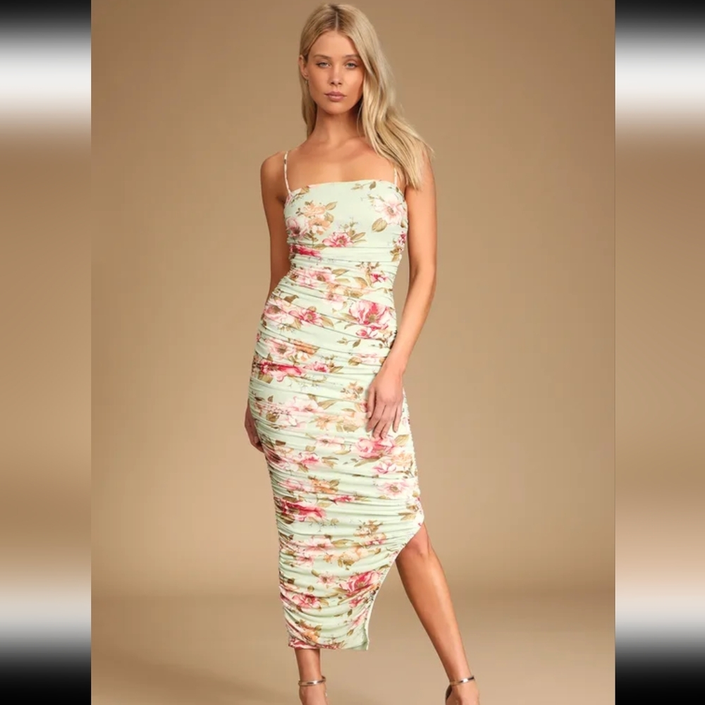 Lulu's Sage Floral Print Ruched Mesh Bodycon Midi Dress